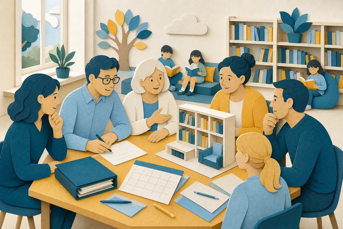 Vorstand, Lehrkraft und Eltern planen gemeinsam ein Förderprojekt in einer Schulbibliothek