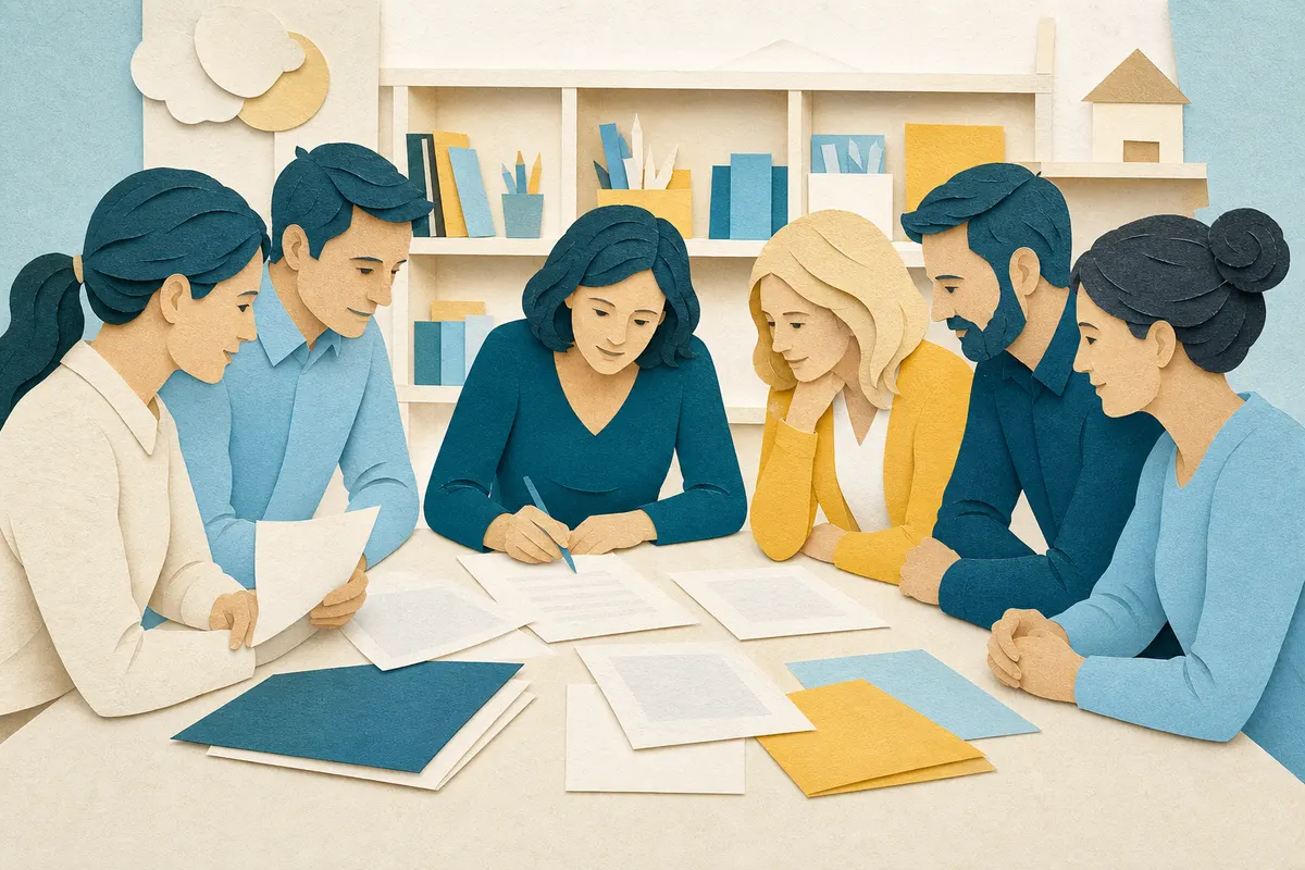 Eltern und Lehrkräfte besprechen Satzung und Gründungsprotokoll eines Fördervereins