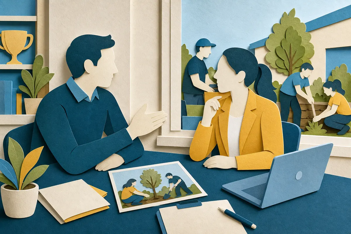 Vereinsvorstand und Unternehmerin besprechen eine Fördermitgliedschaft im Vereinsheim