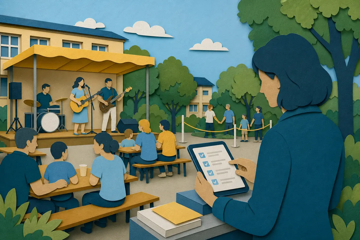 Fördervereinsfest auf einem Schulhof mit Liveband und Prüfung einer Veranstaltungscheckliste